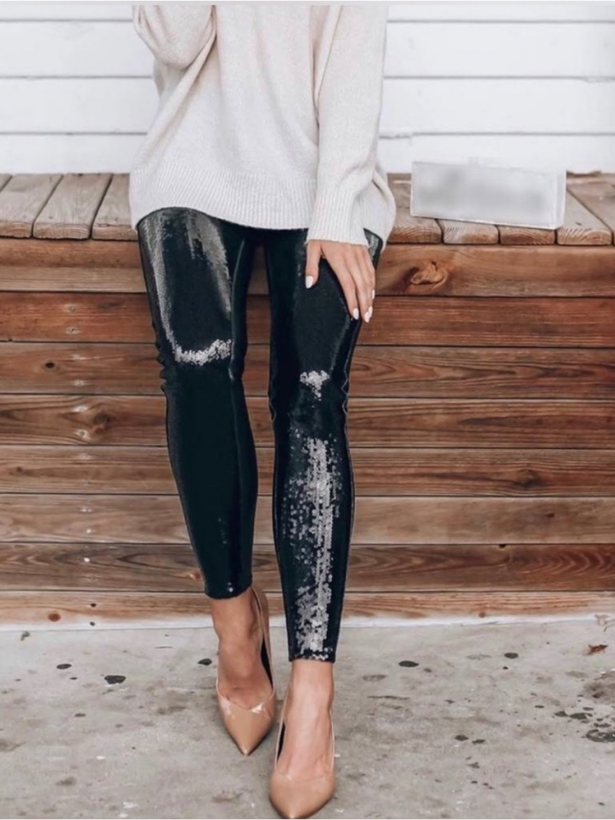 Spanx Sequin Faux Leather Leggings Black Size Small